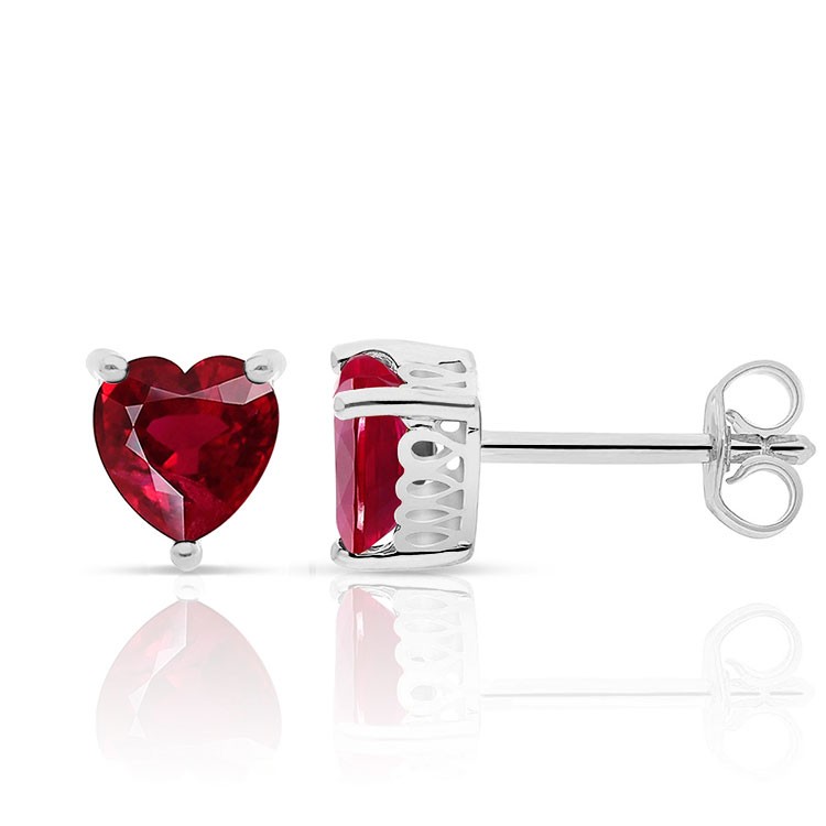 Boucles d'Oreilles forme Coeur en Or Blanc 375/1000 et Rubis