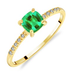 Bague Solitaire Or Jaune Émeraude taille Coussin serti 10 Diamants