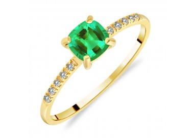 Bague Solitaire Or Jaune Émeraude taille Coussin serti 10 Diamants