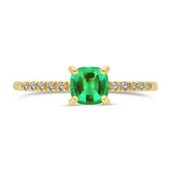 Bague Solitaire Or Jaune Émeraude taille Coussin serti 10 Diamants dessus