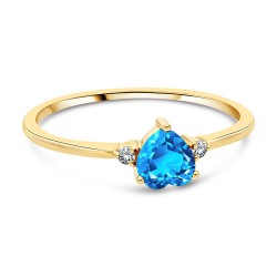 Bague Solitaire Or Jaune Topaze Bleue taille Coeur et Diamants