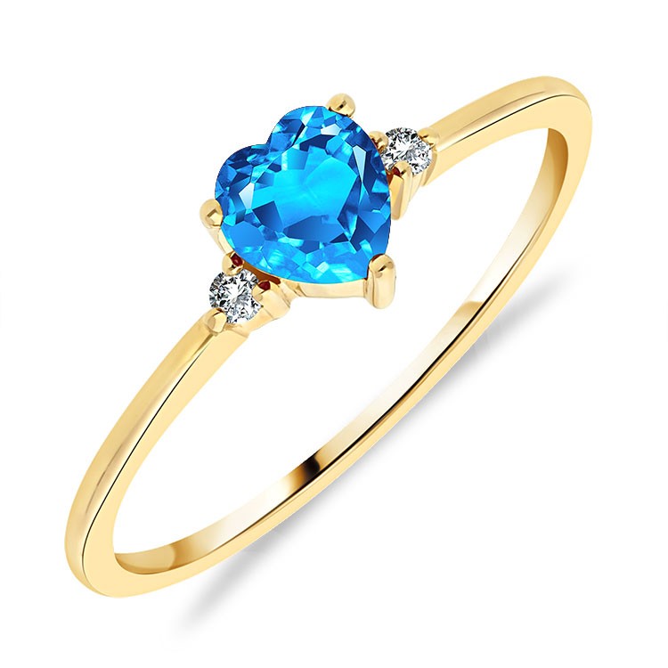 Bague Solitaire Or Jaune 375/1000 Topaze Bleue taille Coeur et Diamants