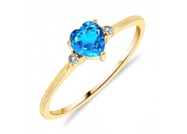 Bague Solitaire Or Jaune 375/1000 Topaze Bleue taille Coeur et Diamants