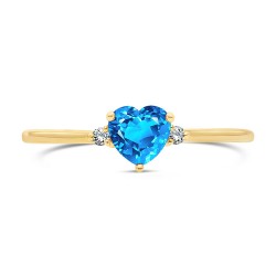 Bague Solitaire Or Jaune 375/1000 Topaze Bleue taille Coeur et Diamants dessus