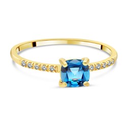 Bague Solitaire Or Jaune Topaze Bleue Suisse taille Coussin