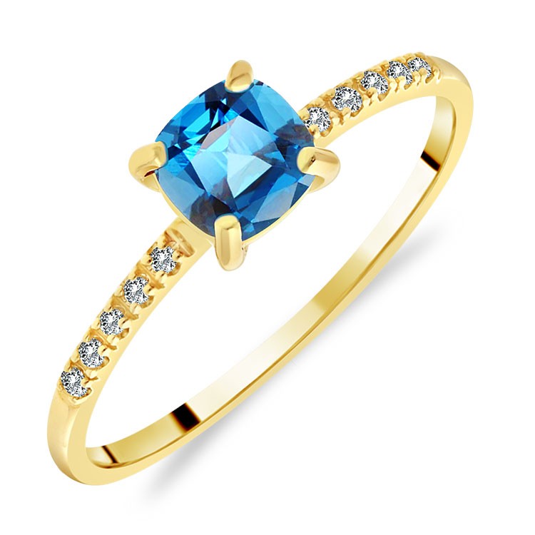 Bague Solitaire Or Jaune Topaze Bleue Suisse taille Coussin serti 10 Diamants
