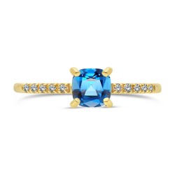 Bague Solitaire Or Jaune Topaze Bleue Suisse taille Coussin serti 10 Diamants dessus