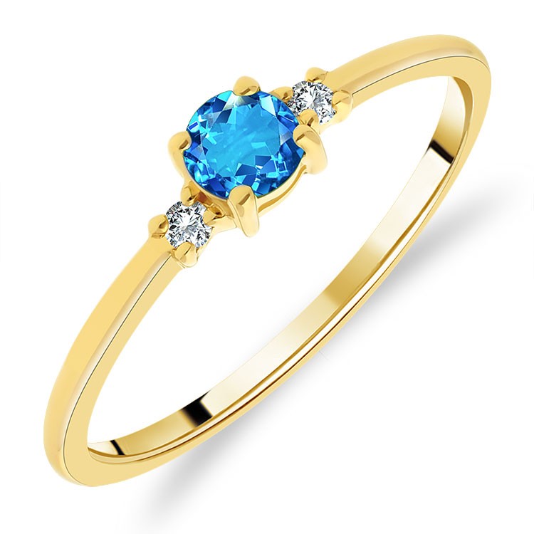 Bague Solitaire Or Jaune 375/1000 Topaze Bleue Suisse taille Ronde et Diamants