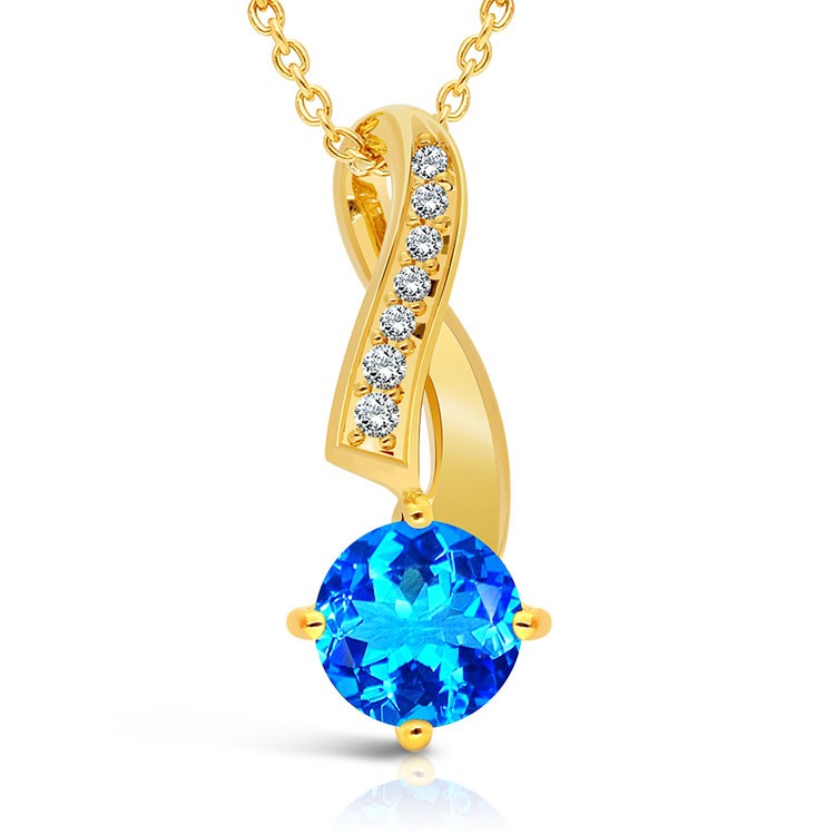 Collier Argent 925/1000 Plaqué Or 18 carats Topaze bleue Suisse taille Rond
