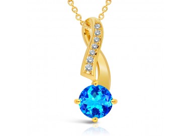 Collier Argent 925/1000 Plaqué Or 18 carats Topaze bleue Suisse taille Rond