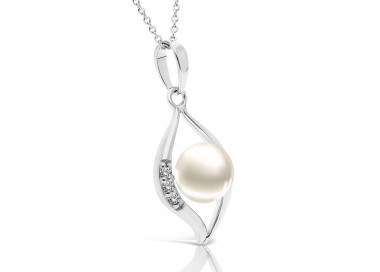 Collier En Argent 925 Avec Perle De Culture & Diamant - Longueur 18 Pouces, Style Volutes