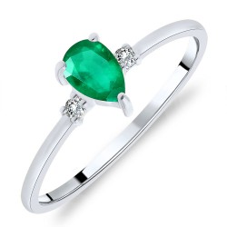 Bague Solitaire Or Blanc 375/1000 Émeraude taille Poire et Diamants