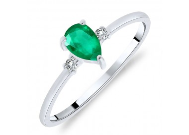 Bague Solitaire Or Blanc 375/1000 Émeraude taille Poire et Diamants