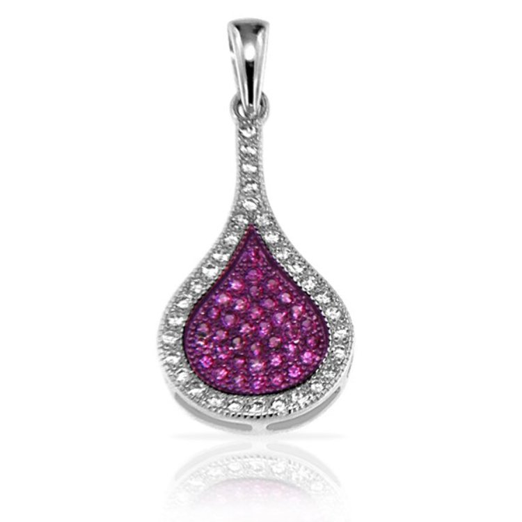 Pendentif Goutte d'eau Argent 925 Oxydes de Zirconium Blancs et Fuchsia