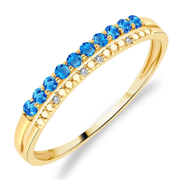 Bague Or Jaune 375/1000 sertie 10 Topazes Bleu Suisse et 4 Diamants