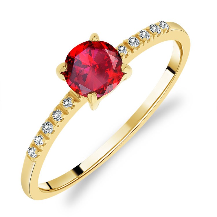 Bague Solitaire Or Jaune Rubis taille Ronde sertie 10 Diamants