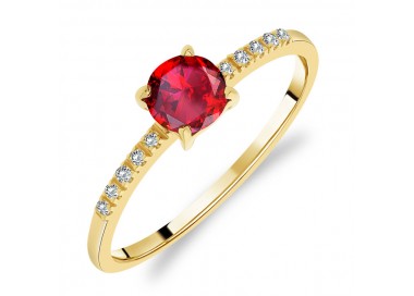 Bague Solitaire Or Jaune Rubis taille Ronde sertie 10 Diamants