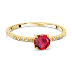 Bague Solitaire Or Jaune Rubis taille Ronde sertie 10 Diamants couchée