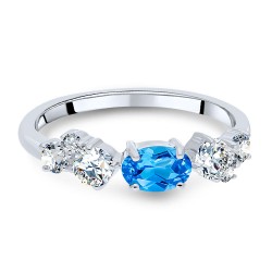 Bague Argent 925/1000 Rhodié sertie Topaze Bleue Suisse taille Ovale couchée