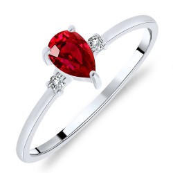Bague Solitaire Or Blanc 375/1000 Rubis taille Poire et Diamants