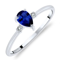 Bague Solitaire Or Blanc 375/1000 Saphir taille Poire et Diamants