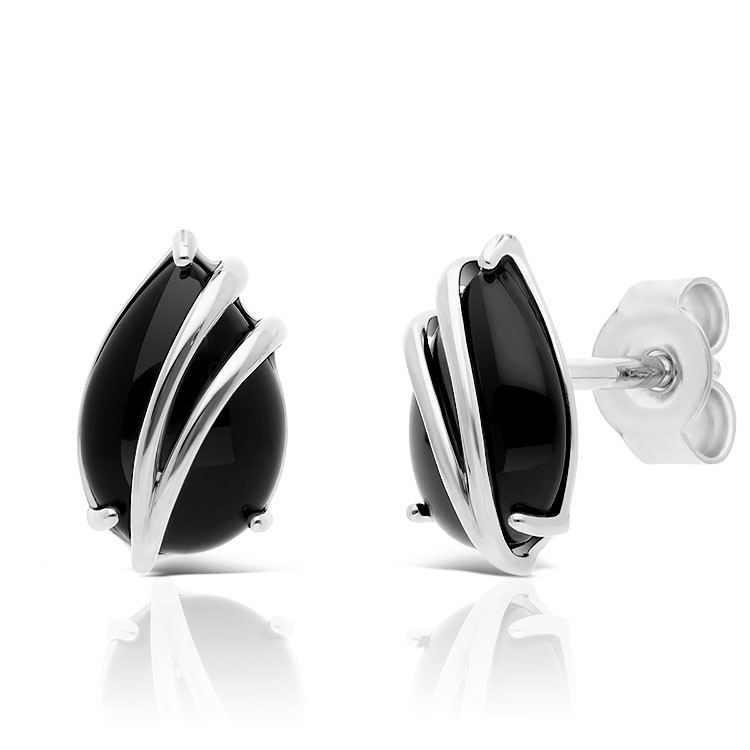 Boucles d'Oreilles Goutte d'Eau en Or Blanc 375/1000 et Onyx
